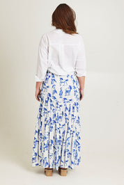 Model Jane wearing size 14 of the Skirting Around The Garden Skirt in colour Whitehorse (White), from the front, showing the whole outfit