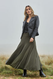 Model Tegan wearing size 10 of The Wanderer In Me Travel Skirt in colour Khaki (Green), from the front, showing the whole outfit