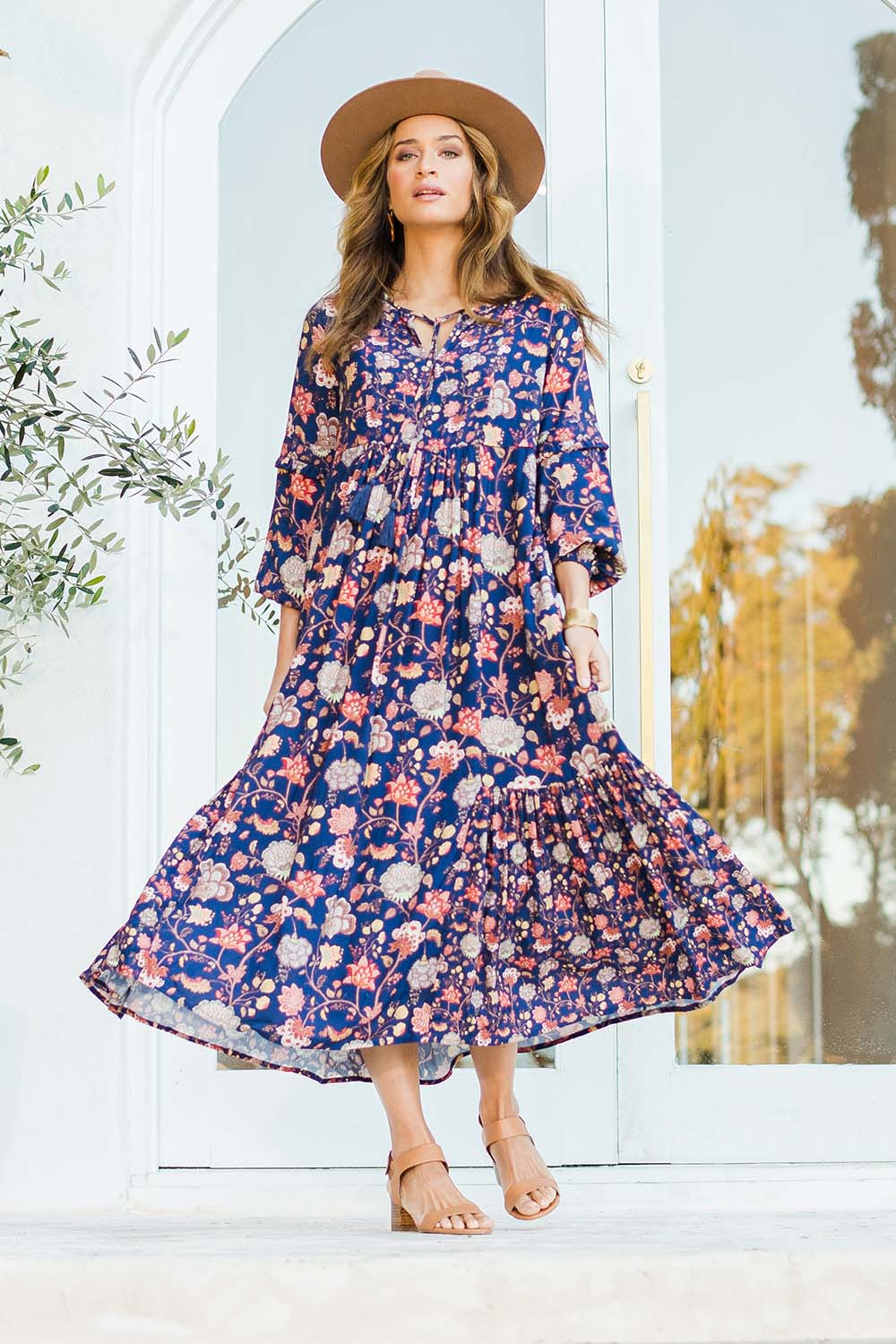 Model Ilona wearing size 10 of the Its Better With You Dress in colour Deepblue (Blue), from the front, showing the whole outfit