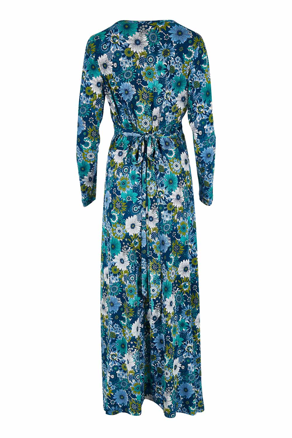 Product shot of the Life Is Beautiful Wrap Maxi Dress in colour Bluefleur (Blue), from the back