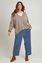 Model Laura wearing size 14 of the Ready For You Cord Pants in colour Blue (Blue), from the front, showing the whole outfit