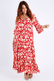 Model Laura wearing size 14 of the Happy When Im With You Maxi Dress in colour Redfleur (Red), from the front, showing the whole outfit