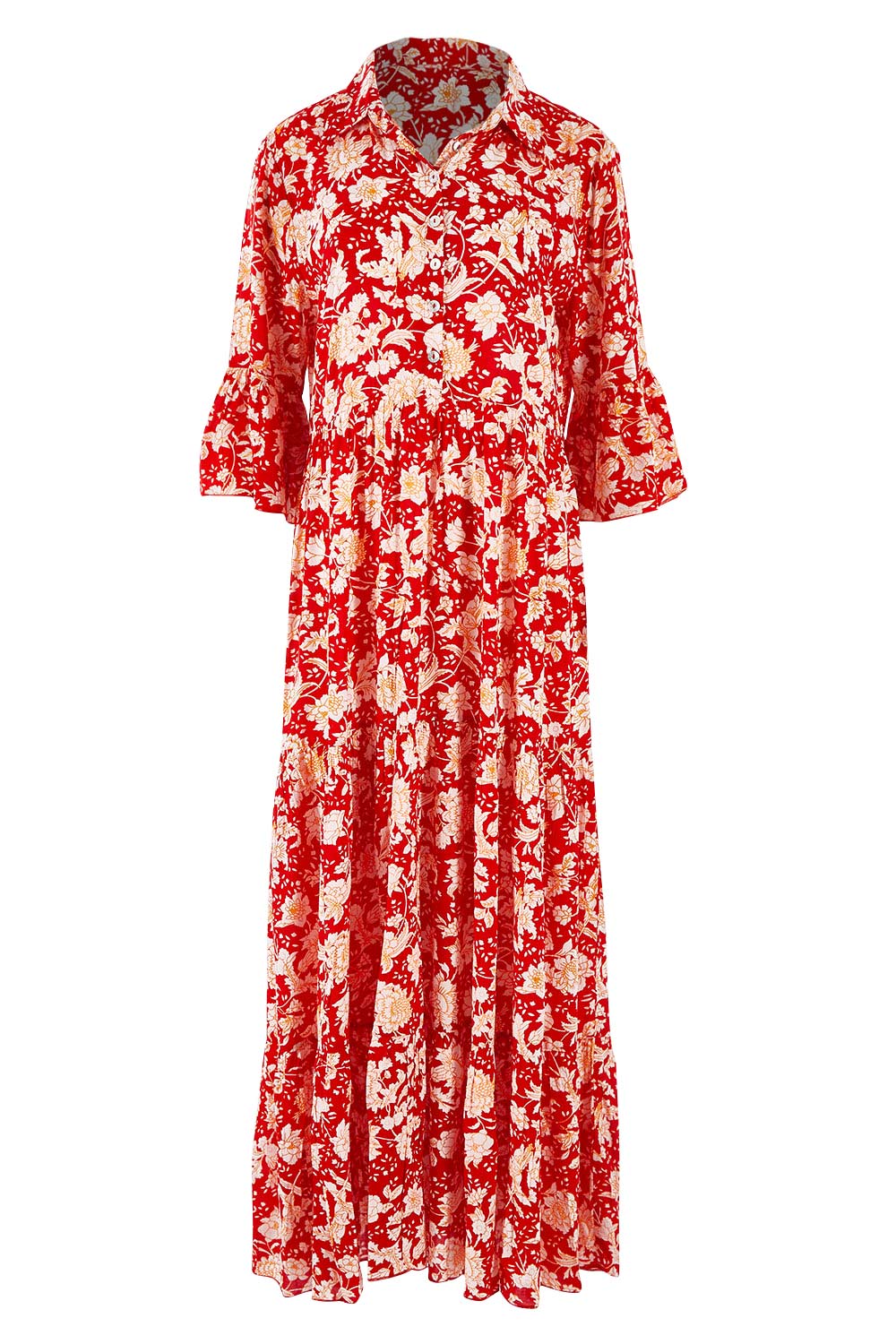 Product shot of the Happy When Im With You Maxi Dress in colour Redfleur (Red), from the front