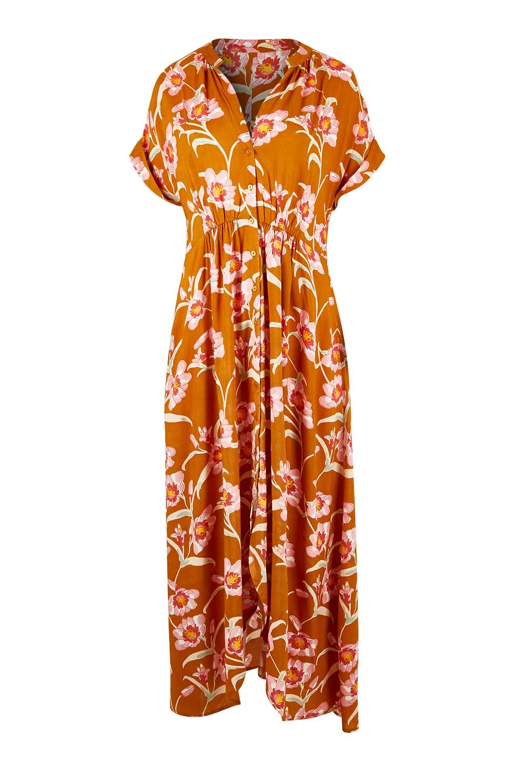 Product shot of the Wild Garden Maxi Dress in colour Caramel, from the front