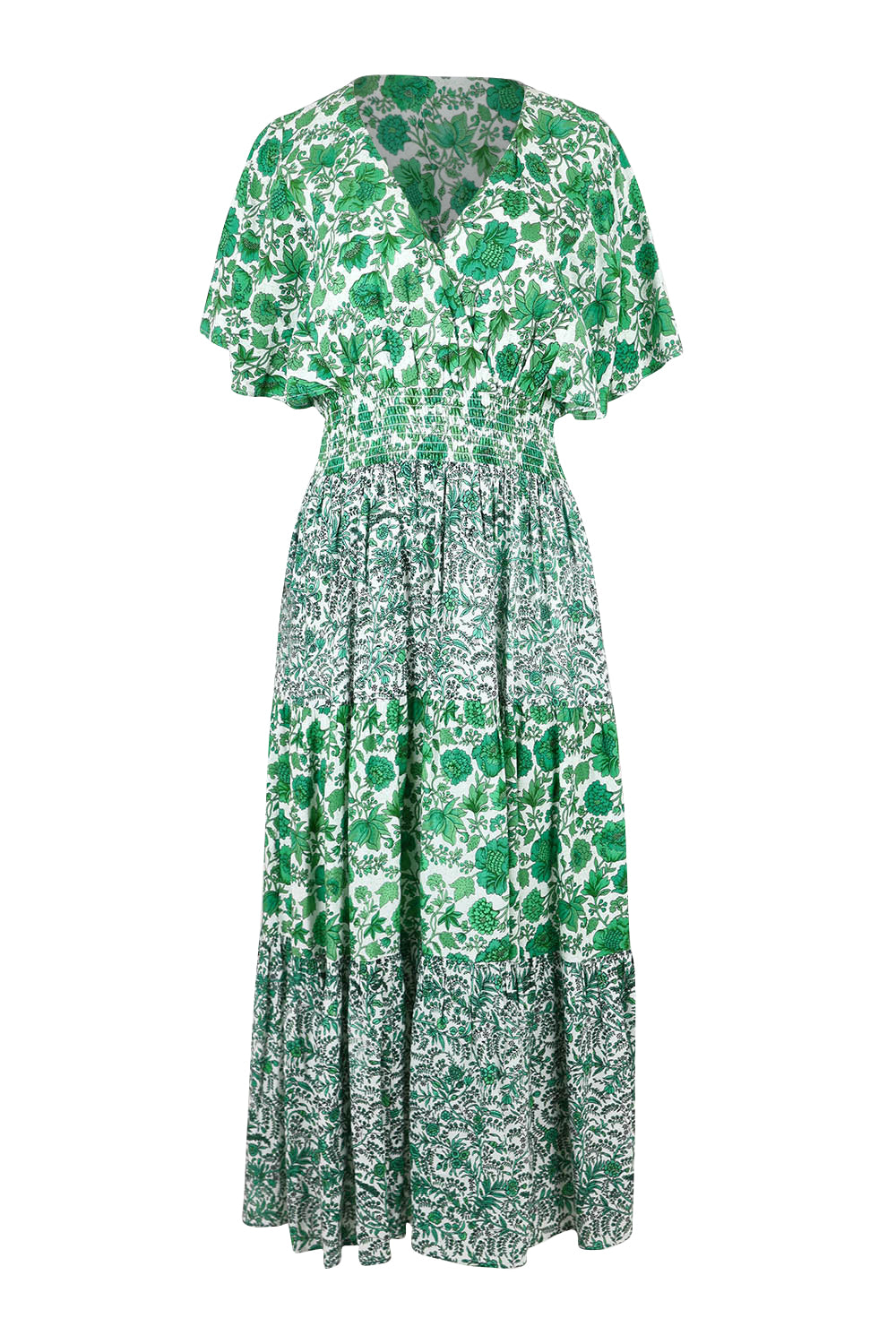 Product shot of the Tiers Of Joy Maxi Dress in colour Greenfleur (Green), from the front