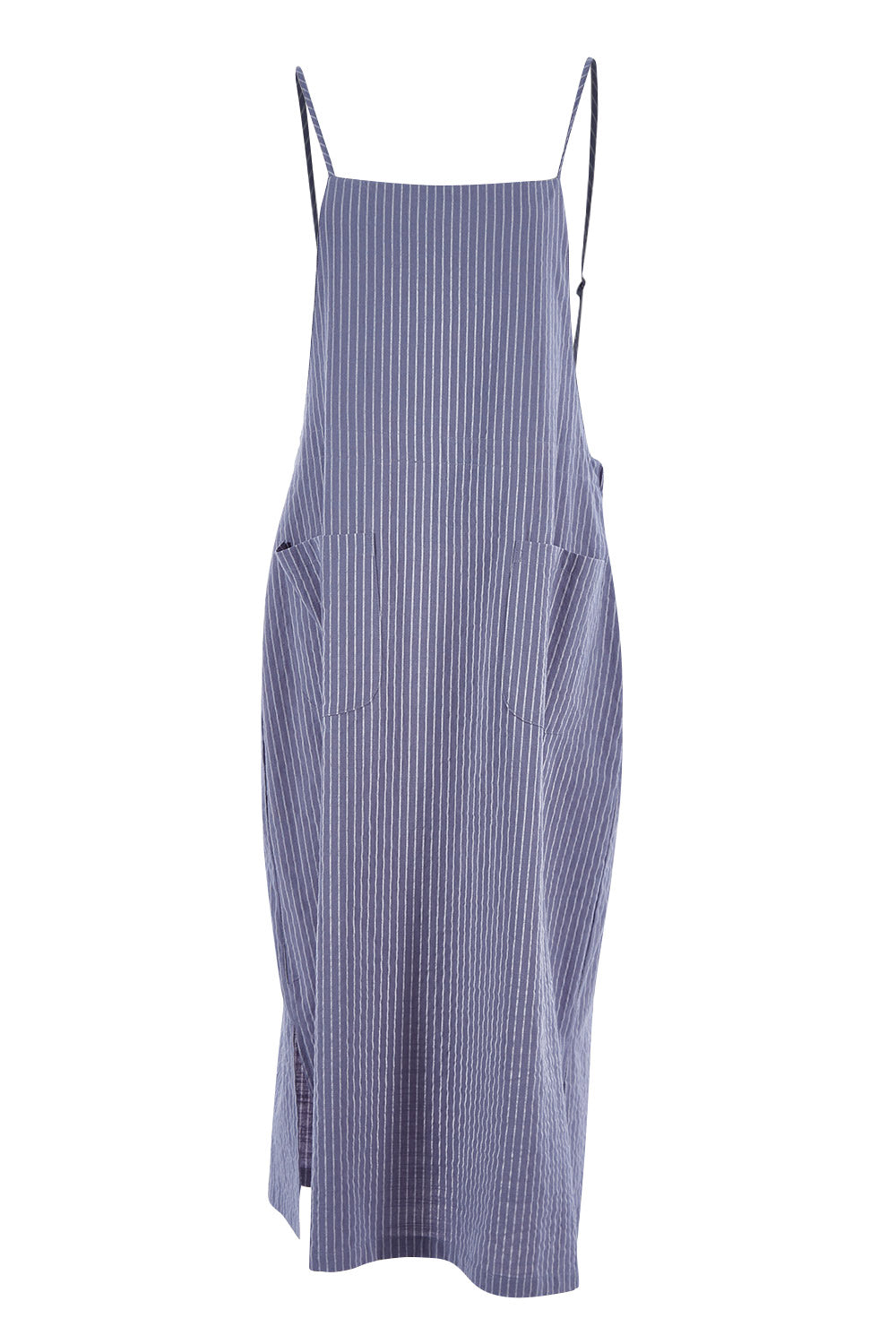 Product shot of the Thats The Way I Like It Pinny Dress in colour Denim (Blue), from the front