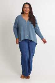 Model Ashleigh wearing size 16 of the My Boyfriends Slouch Cardi in colour Denim (Blue), from the front, showing the whole outfit