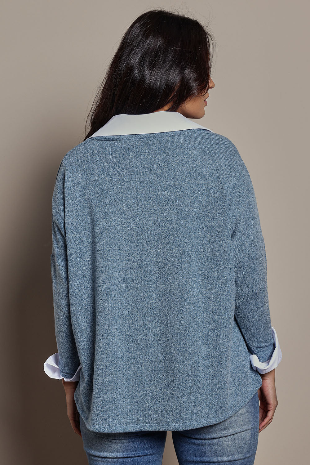 Model Tahnee wearing size 10 of the My Boyfriends Slouch Cardi in colour Denim (Blue), from the back