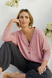 Model Tegan wearing size 10 of the My Boyfriends Slouch Cardi in colour Dustypink (Pink), from the front, showing the whole outfit