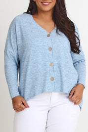 Model Ashleigh wearing size 16 of the My Boyfriends Slouch Cardi in colour Skymarl (Blue), from the front, cropped image