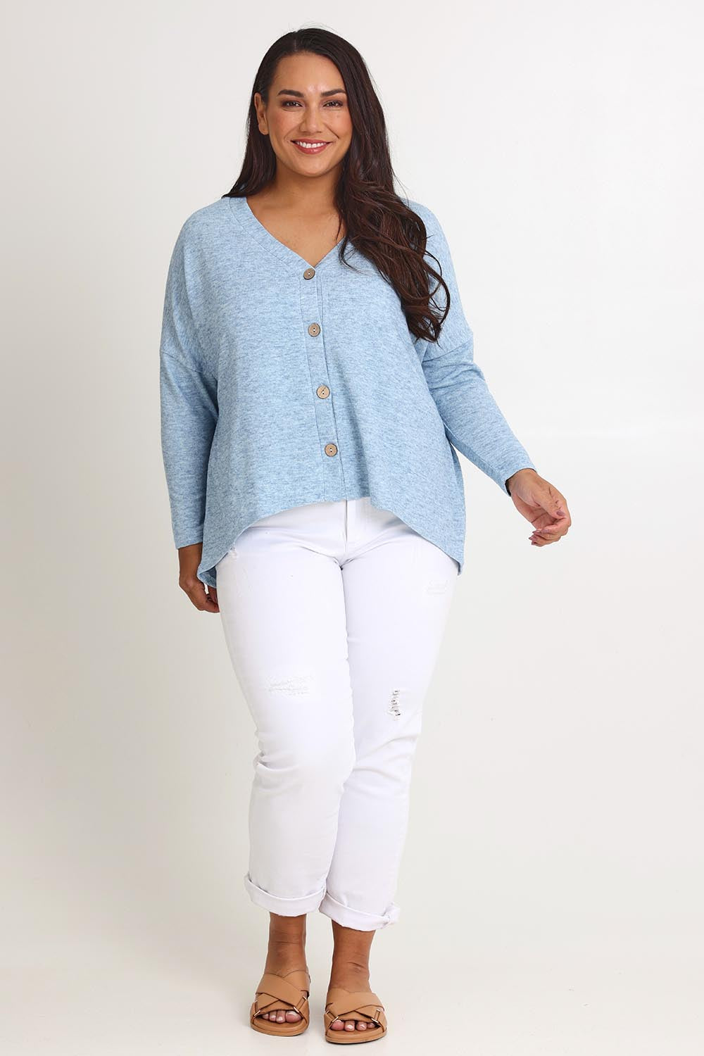 Model Ashleigh wearing size 16 of the My Boyfriends Slouch Cardi in colour Skymarl (Blue), from the front, showing the whole outfit