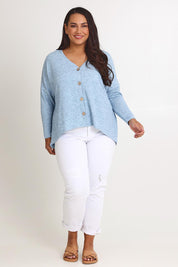 Model Ashleigh wearing size 16 of the My Boyfriends Slouch Cardi in colour Skymarl (Blue), from the front, showing the whole outfit
