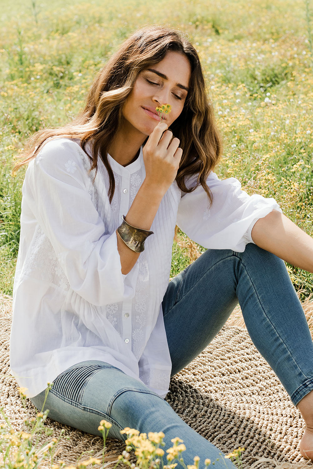 Model Ilona wearing size 10 of the With All My Heart Embroidered Blouse in colour White (White), from the front, showing the whole outfit