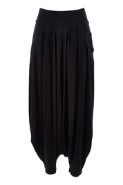 Product shot of the Softly Swinging Bamboo Harem Pants in colour Black (Black), from the front
