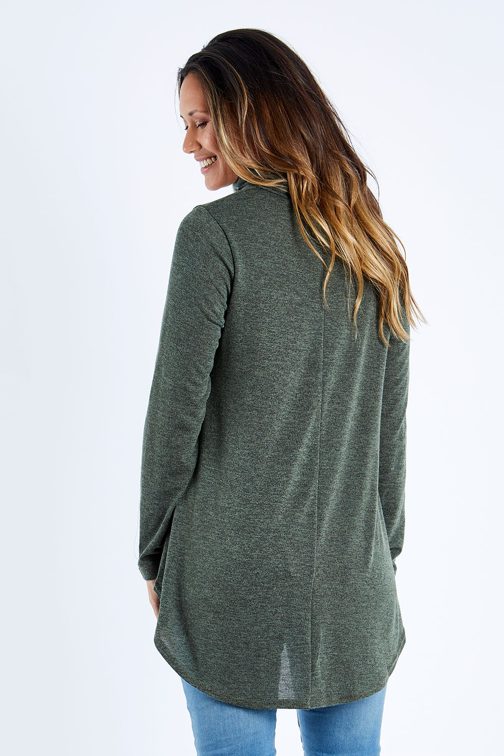 Model Kimberley wearing size 10 of the Falling For You Skivvy Tunic in colour Khaki (Green), from the back