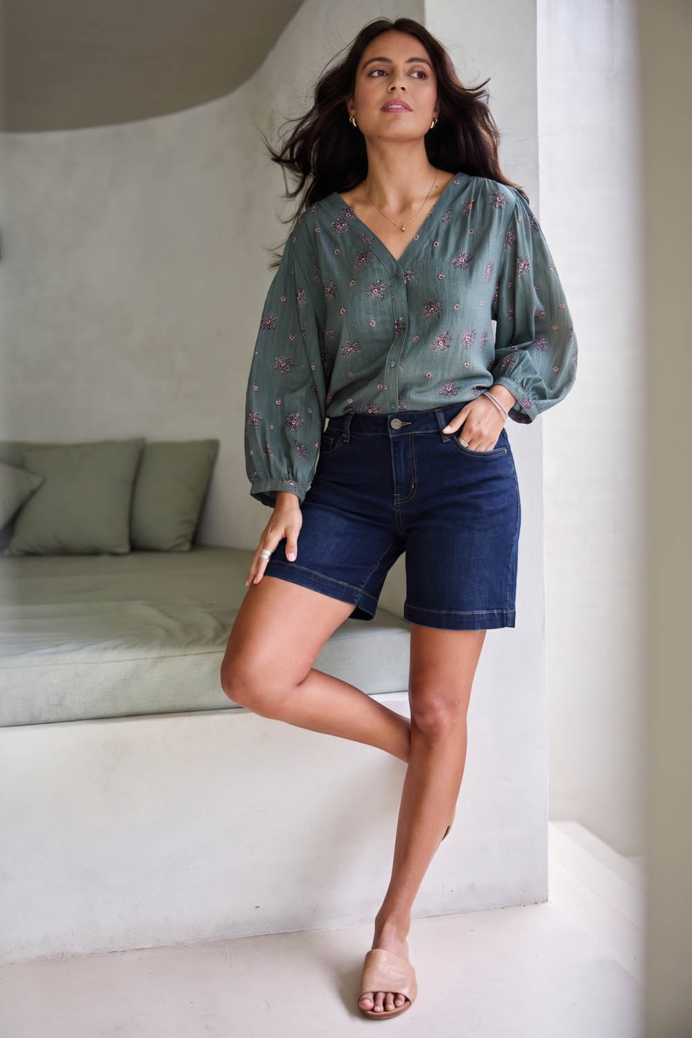Model Tahneei wearing size 10 of the Youre Always There For Me Plain Boyfriend Shorts – Darkdenim in colour Darkdenim, from the front
