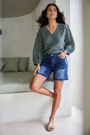 Model Tahnee wearing size 10 of the Youre Always There For Me Boyfriend Shorts in colour Darkdenim (Blue), from the front, showing the whole outfit