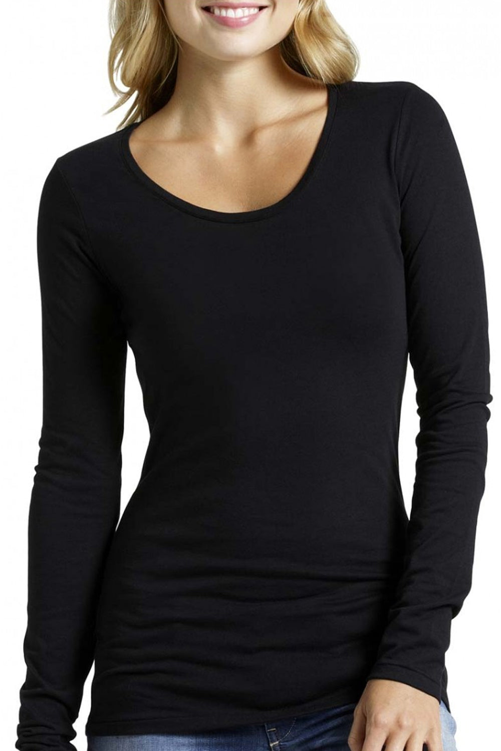 A model wearing the Long Sleeve Tee in colour Black (Black), from the front, cropped image