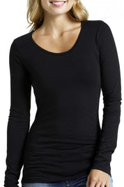 A model wearing the Long Sleeve Tee in colour Black (Black), from the front, cropped image