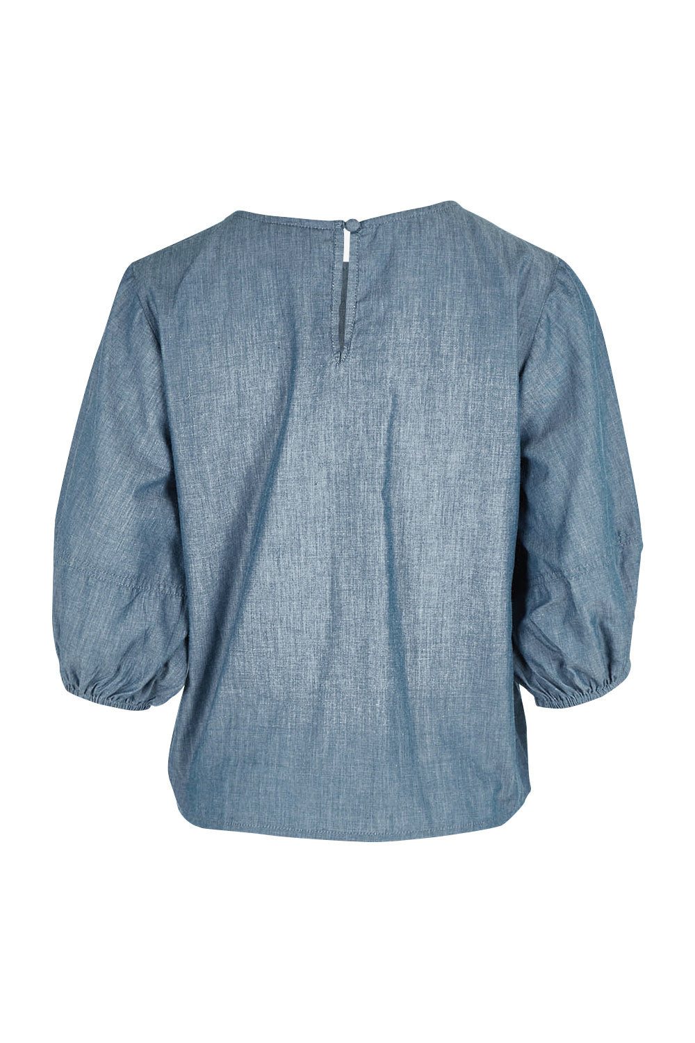 Product shot of the Ava Top in colour Chambray (Blue), from the back