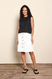 Model Pamelar wearing size 10 of the Rose Linen Top - Black in colour Black, from the front