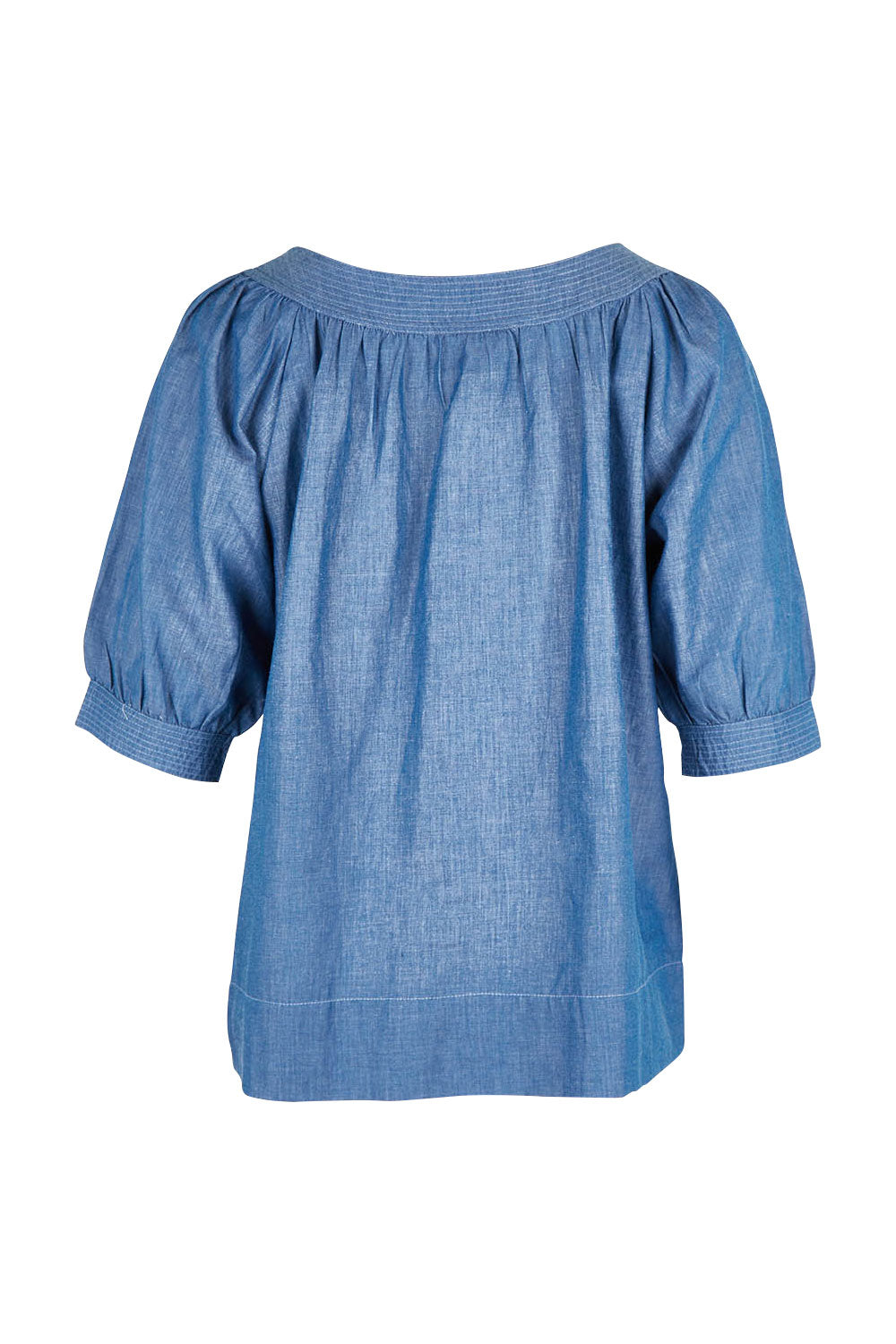 Product shot of the Bliss Top in colour Chambray (Blue), from the back