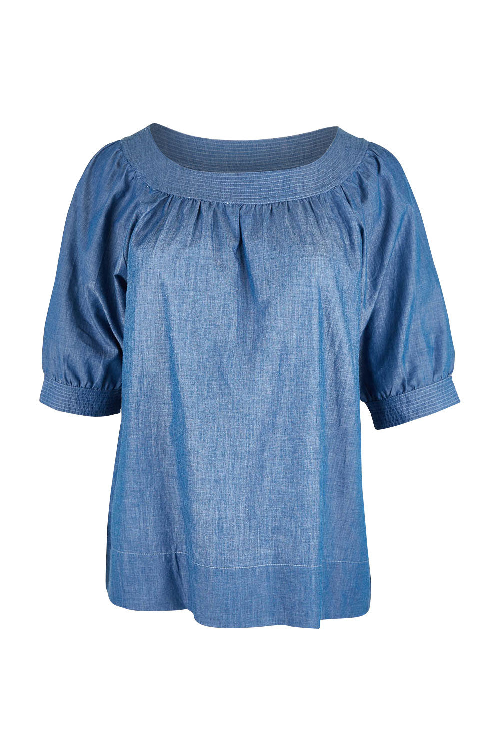 Product shot of the Bliss Top in colour Chambray (Blue), from the front