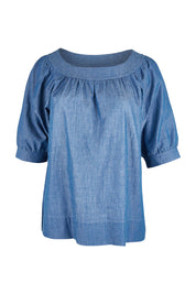 Product shot of the Bliss Top in colour Chambray (Blue), from the front