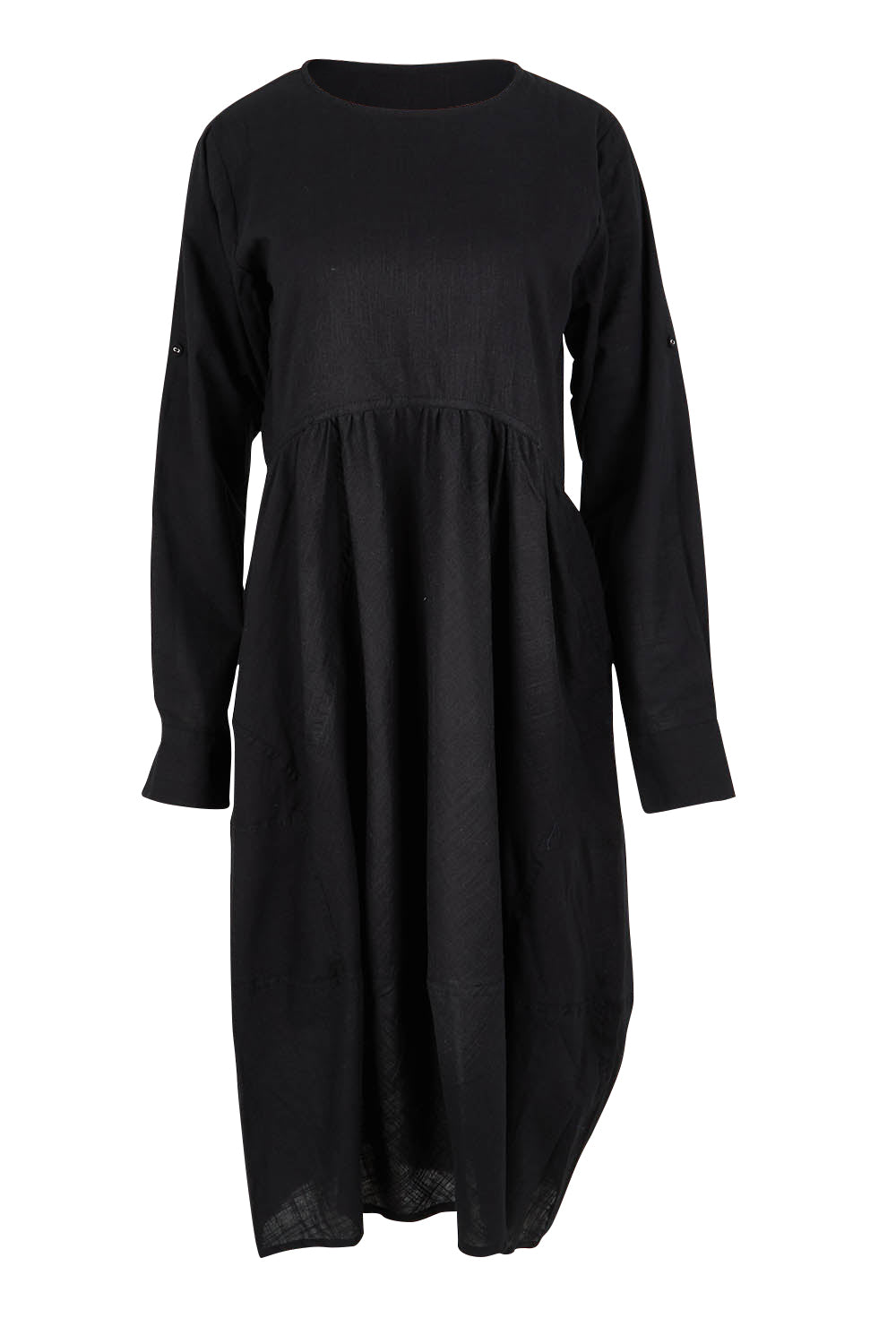 Product shot of the Guru Cotton Dress in colour Black (Black), from the front