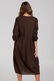 A model wearing the Guru Cotton Dress in colour Coffee, from the back
