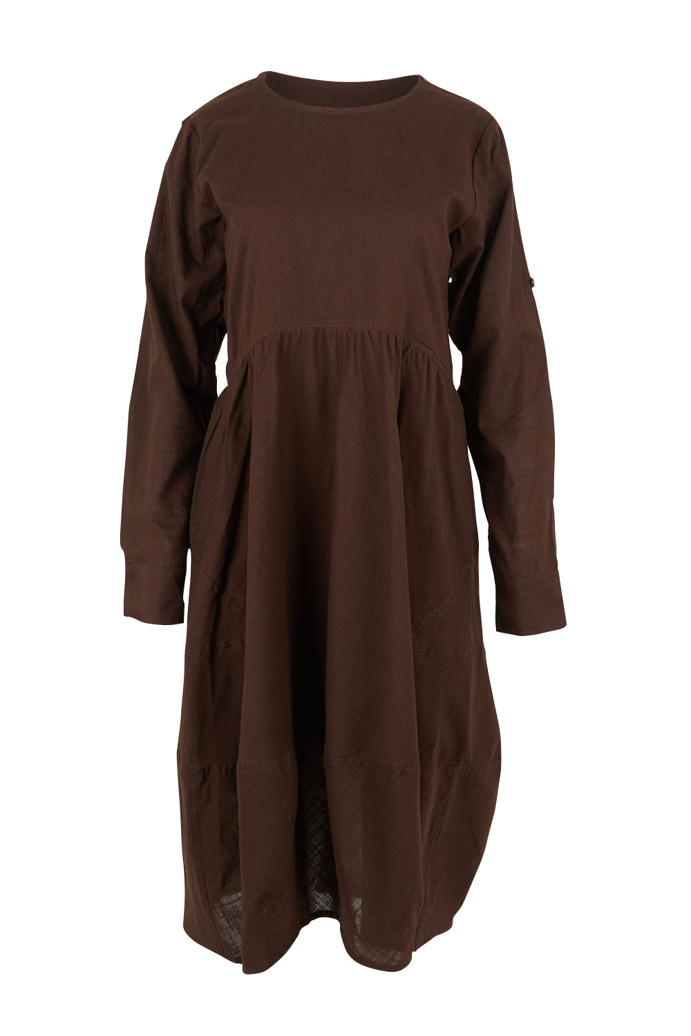 Product shot of the Guru Cotton Dress in colour Coffee, from the front