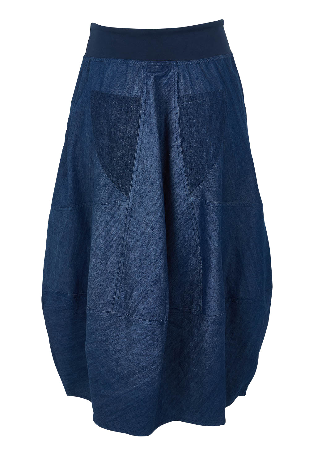 Product shot of the Guru Denim Skirt in colour Darkdenim (Blue), from the back