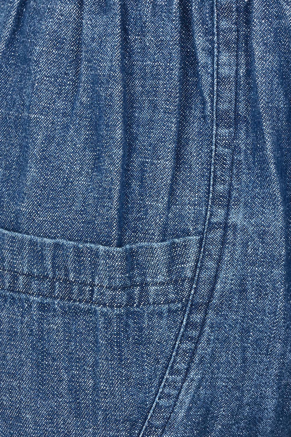 Product shot of the Guru Denim Pant in colour Middenim (Blue), detail