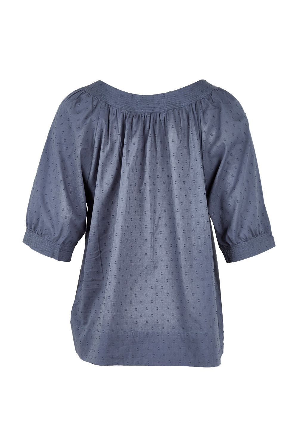 Product shot of the Bliss Top in colour Indiansea (Blue), from the back