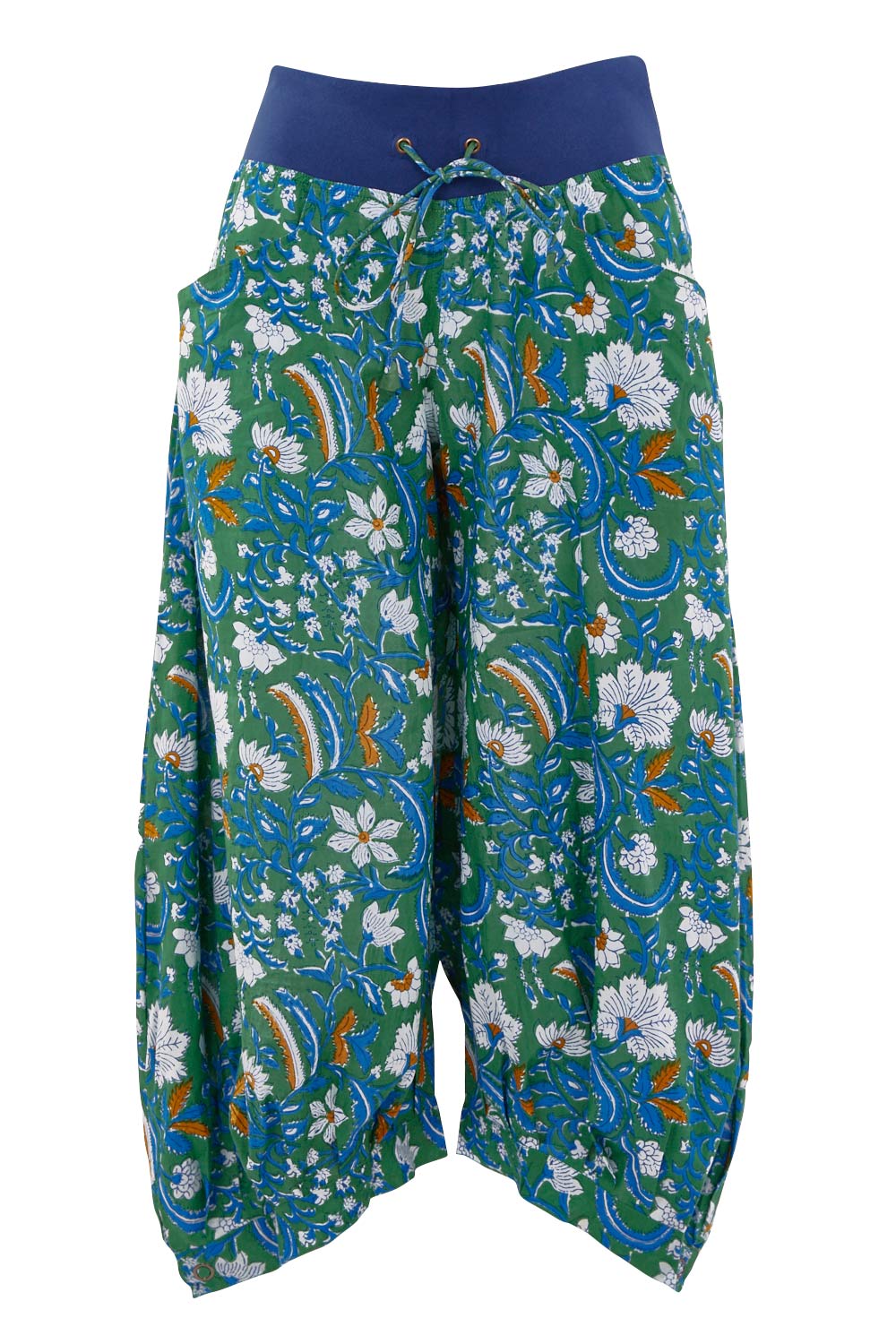 Product shot of the Printed Guru Pants in colour BlockGreen (Green), from the front