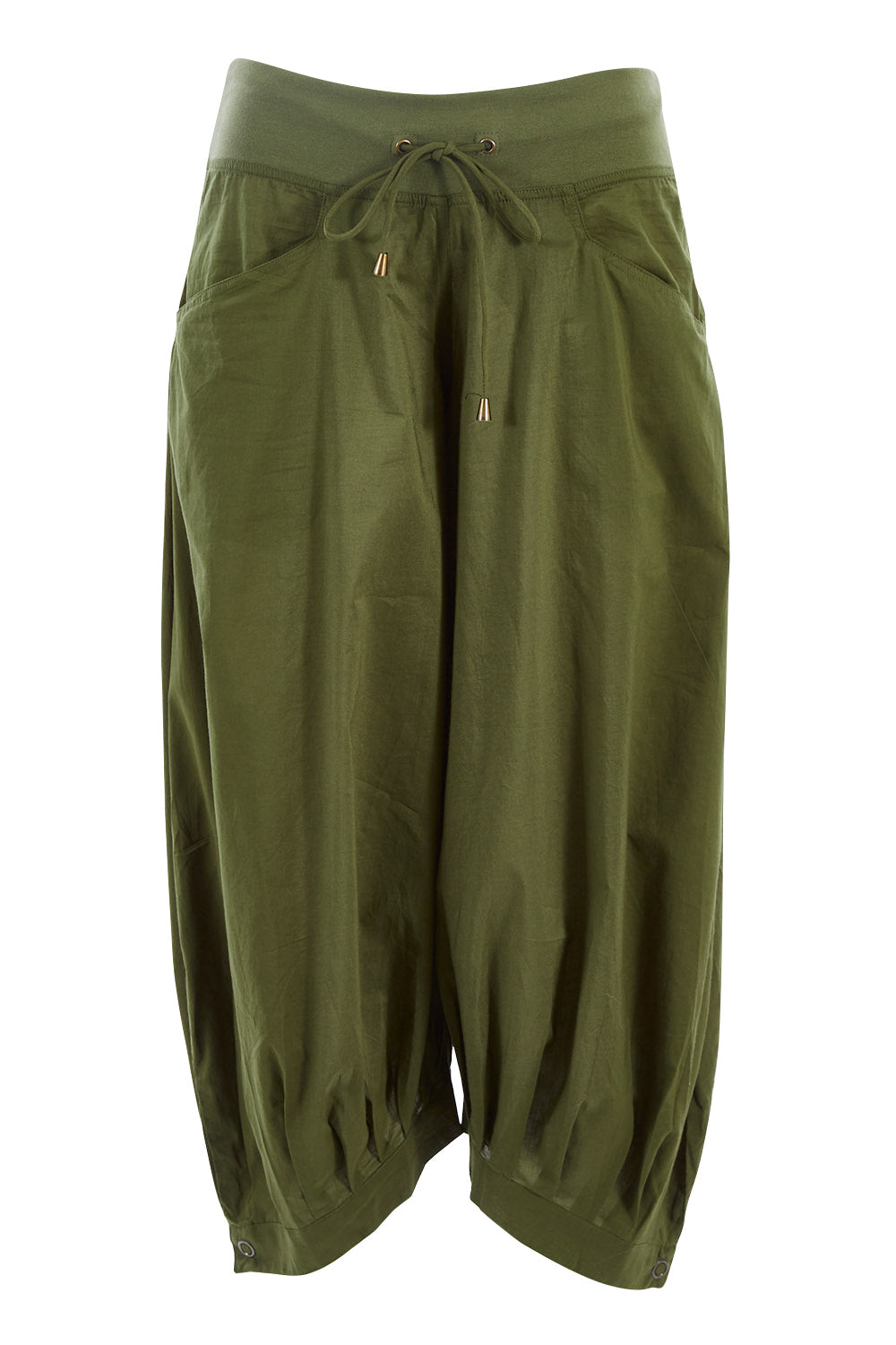 Product shot of the Guru Pant in colour Khaki (Green), from the front