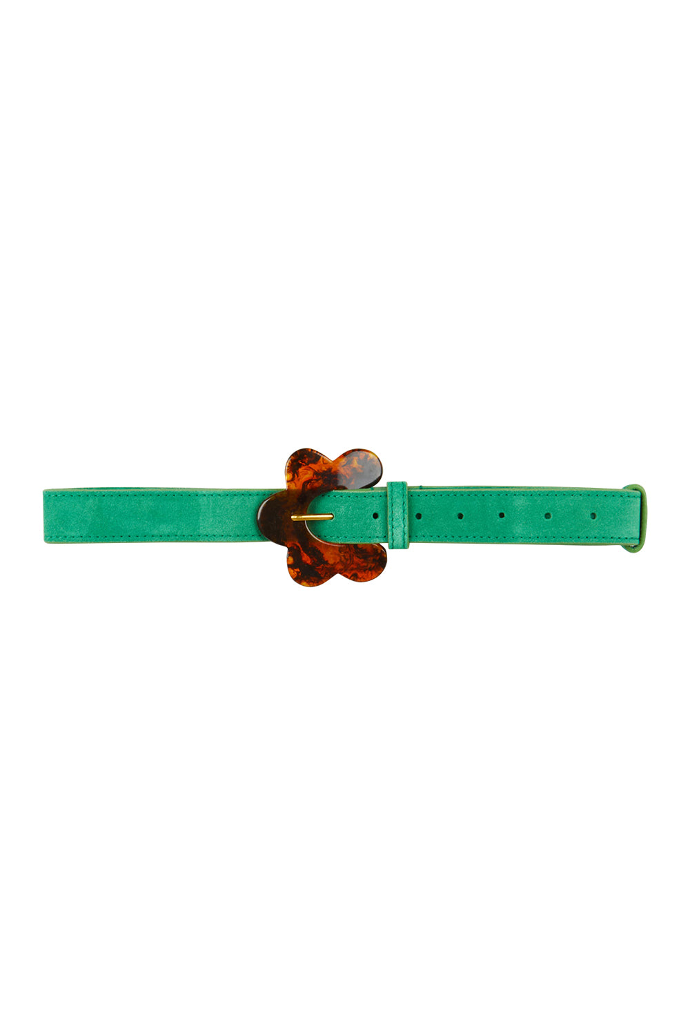 Product shot of the Flower Suede Belt in colour Peacock (Blue), from the front