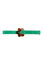 Product shot of the Flower Suede Belt in colour Peacock (Blue), from the front