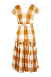 Product shot of the Indy Dress in colour Gingerchec, from the back