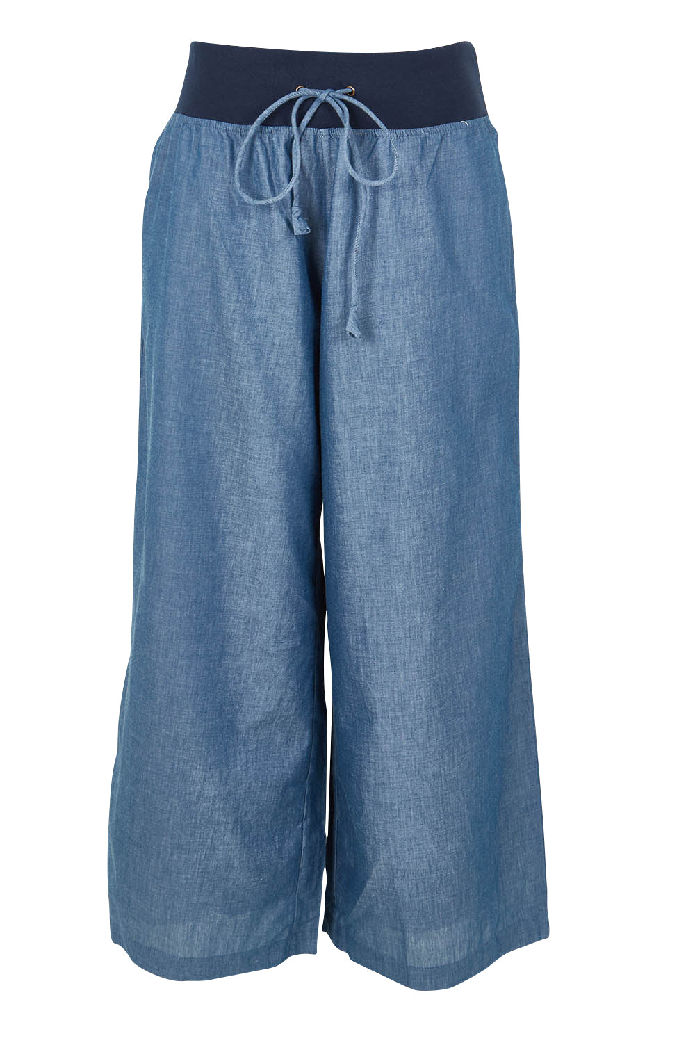 Product shot of the Ria Cotton Pant in colour Chambray (Blue), from the front