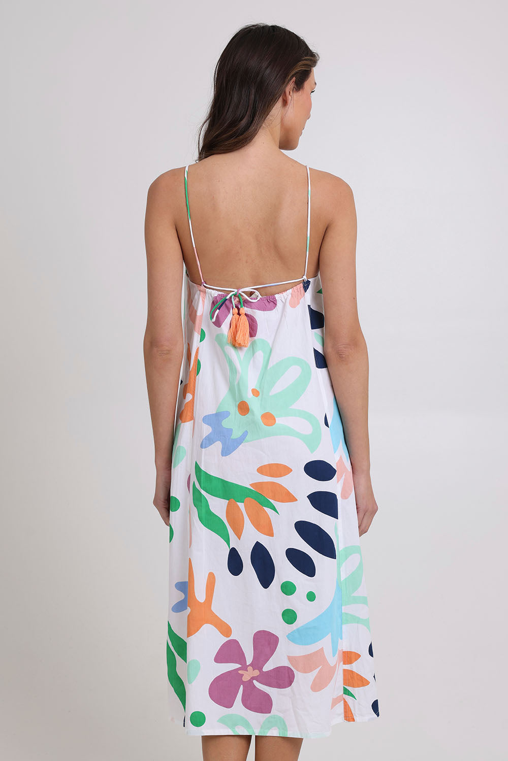 Model Madeline wearing size 10 of the Aria Cotton Dress in colour Sorrento, from the back