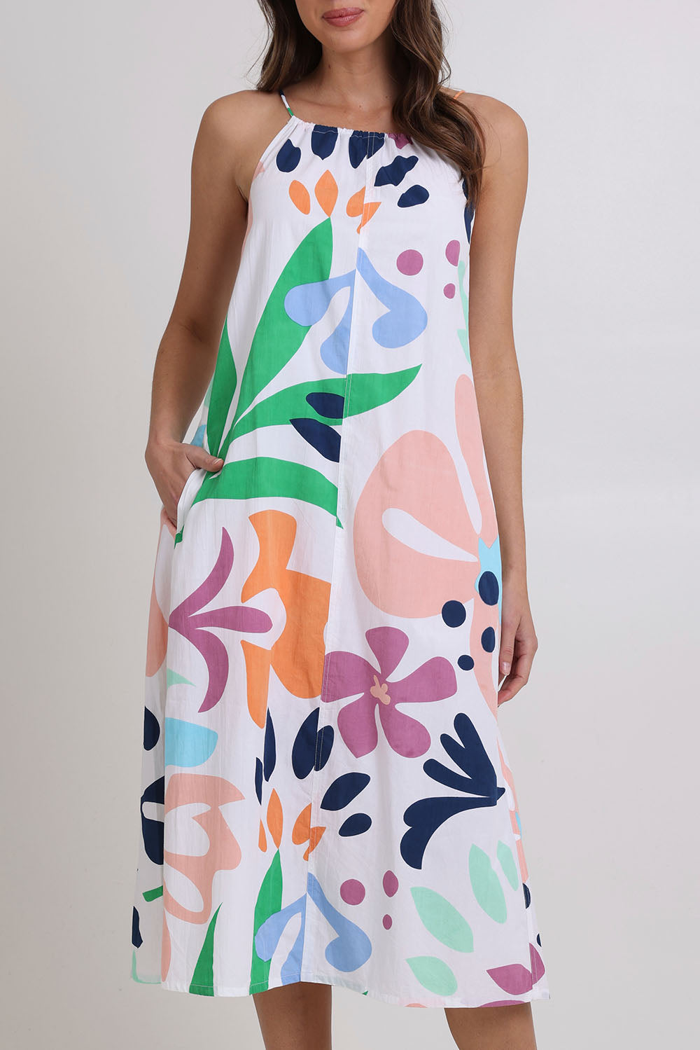 Model Madeline wearing size 10 of the Aria Cotton Dress in colour Sorrento, from the front, cropped image