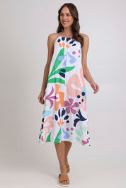 Model Madeline wearing size 10 of the Aria Cotton Dress in colour Sorrento, from the front, showing the whole outfit