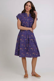 Model Madeline wearing size 10 of the Amalfi Cotton Dress in colour Amalfi (Blue), from the front, showing the whole outfit