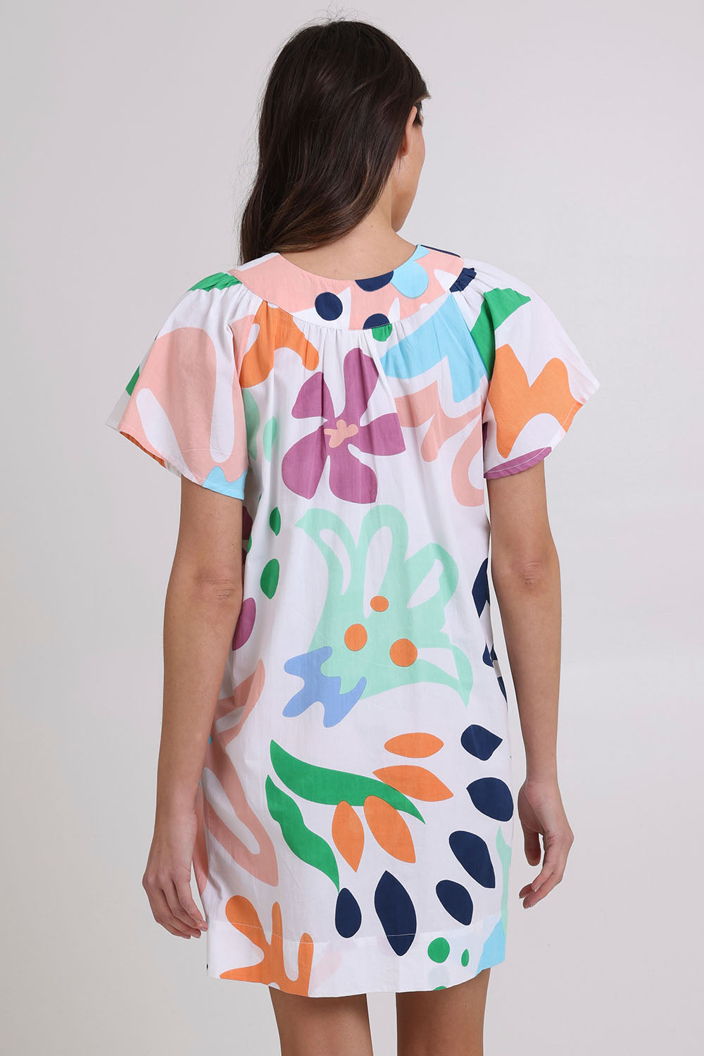 Model Madeline wearing size 10 of the Etta Cotton Dress in colour Sorrento, from the back