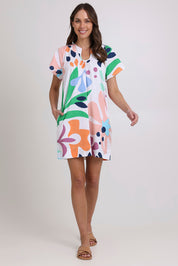 Model Madeline wearing size 10 of the Etta Cotton Dress in colour Sorrento, from the front, showing the whole outfit