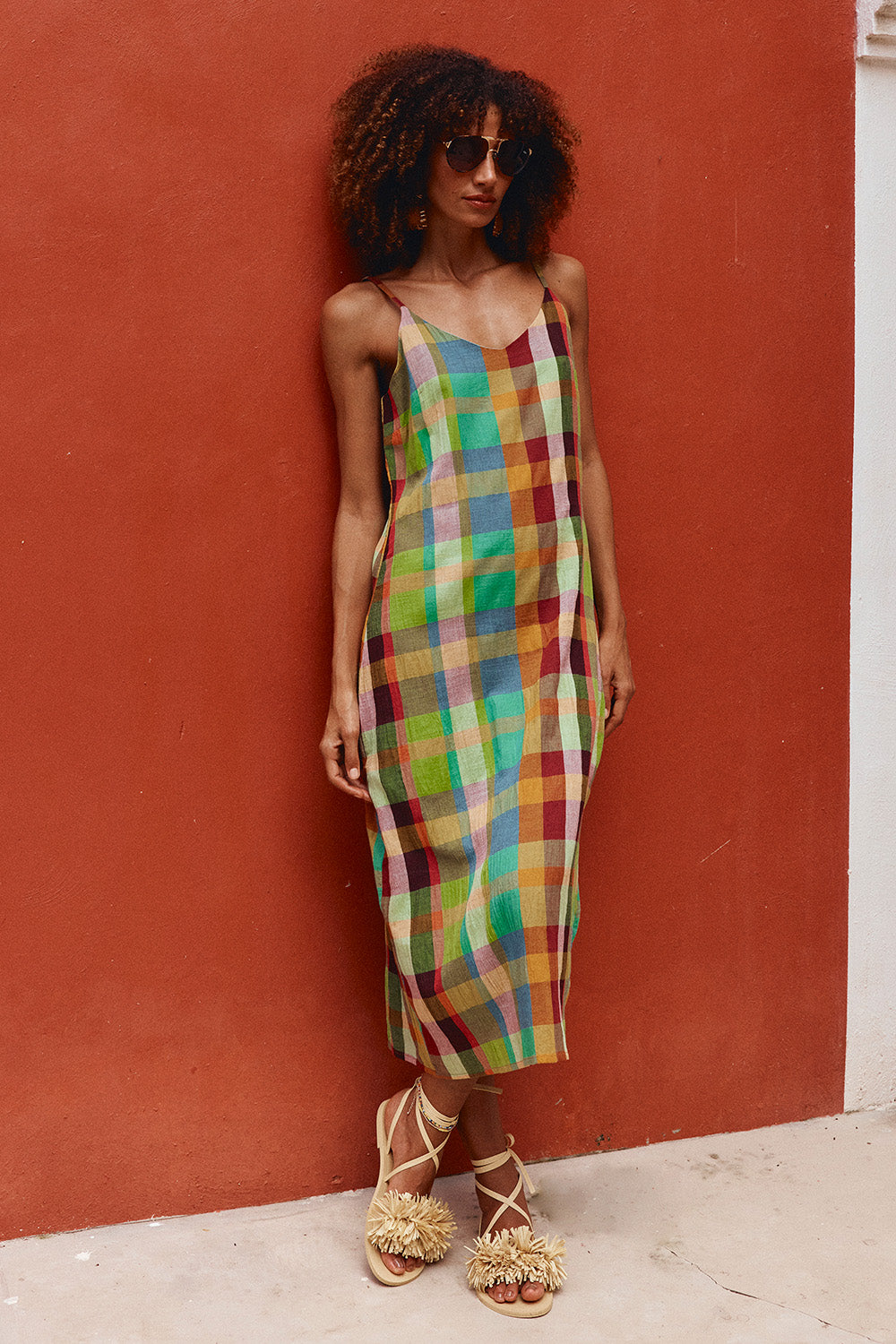 A model wearing the Ophelia Cotton Dress in colour Isabella, from the front, showing the whole outfit