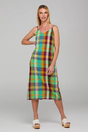 A model wearing the Ophelia Cotton Dress in colour Isabella, from the front, showing the whole outfit