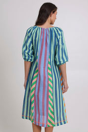 Model Madeline wearing size 10 of the Lucia Cotton Dress in colour Capris, from the back
