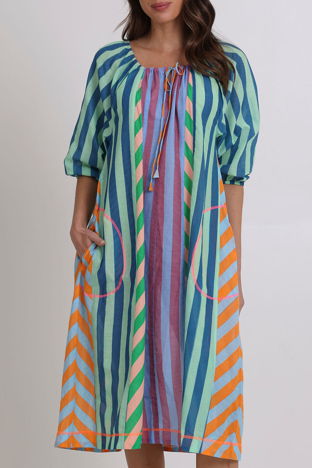 Model Madeline wearing size 10 of the Lucia Cotton Dress in colour Capris, from the front, cropped image
